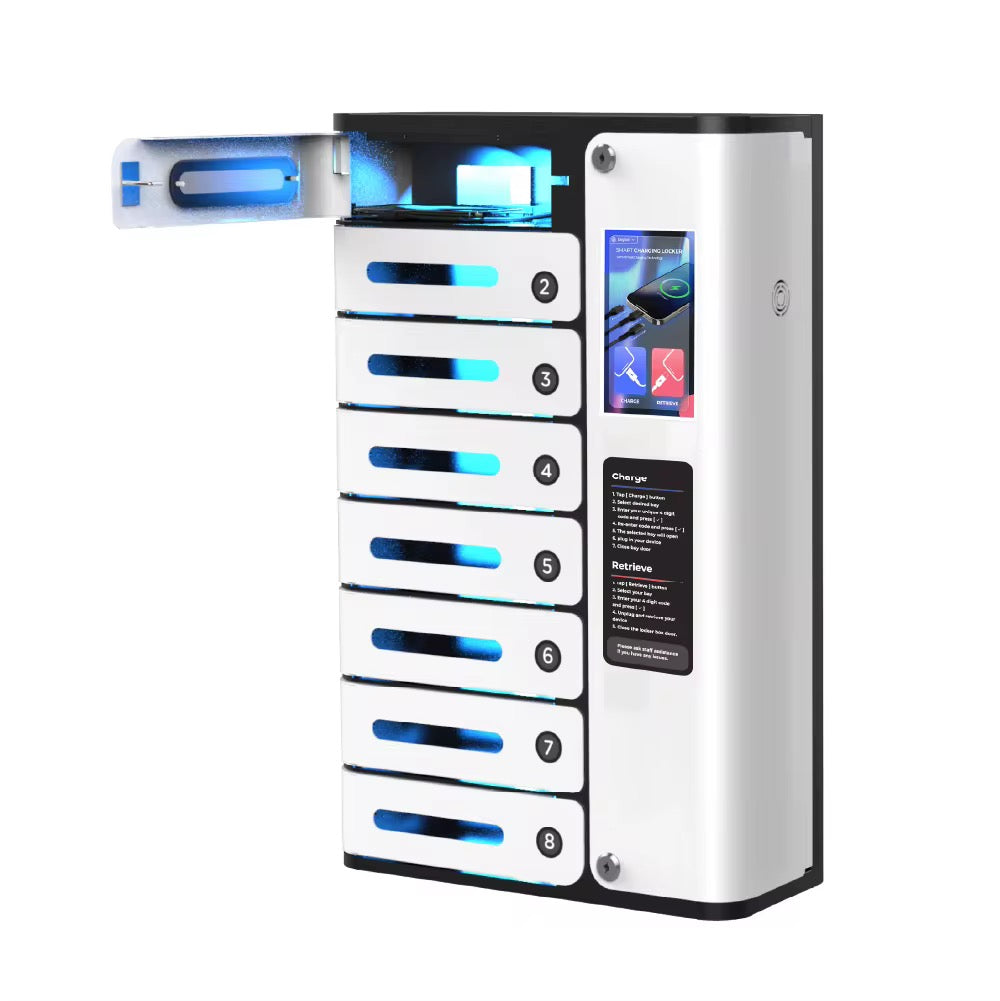 8 Bay Mobile Phone Pin Code Charging Locker Phone Charging Station Secured Charging Cabinet Optional for Ads Screen