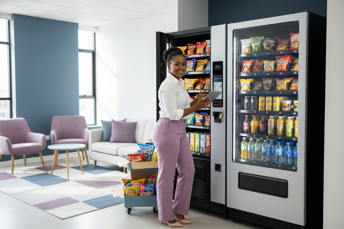 An entrepreneur restocking a modern vending machine in a bright office, filled with snacks and drinks. The setting features s